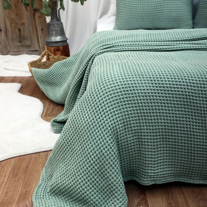 Green Cotton Waffle Weave King Size Blanket  | Lightweight | Breathable | Summer | AC Comforter