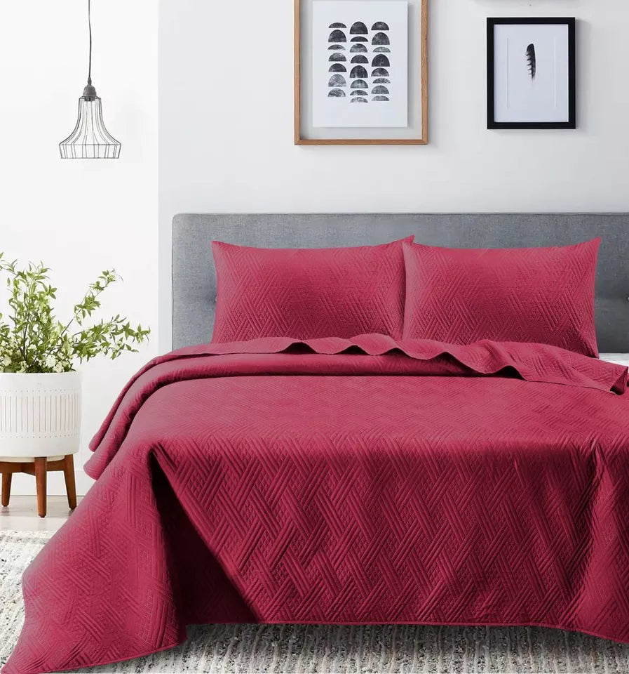 Luxury Quilted Bedspread Bedding Set Double King Size Bed Maroon